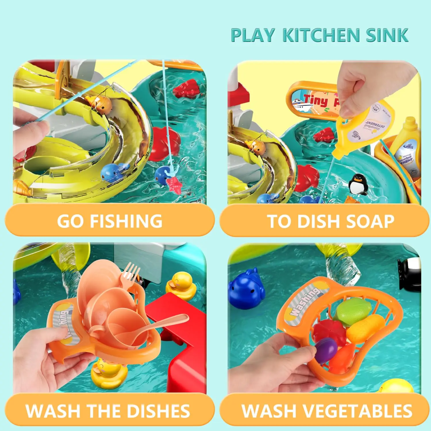Kitchen Toys Pretend Kitchen Sink Toys Play Sink Running Water Toy Kid Dishwashing Basin Interactive Fishing Set Role Play Game Kitchen Cleaning Food Gift