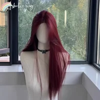 Perruque noire pour femmes, cheveux longs et lisses, bandeau, perruque Lace Front Wig, tempérament Cosplay pour usage quotidien, perruques synthétiques noires Lolita 5