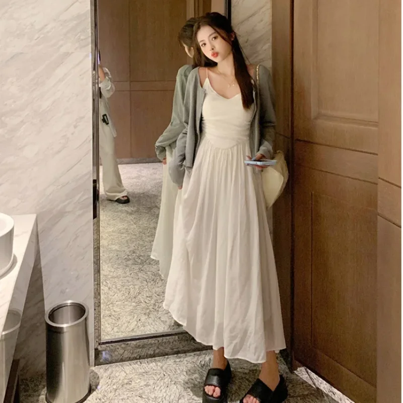 Maternity Dress Set Casual Knitted White Strap Dress plus Outerwear Comfortable Maternity Wear for Pregnant Women