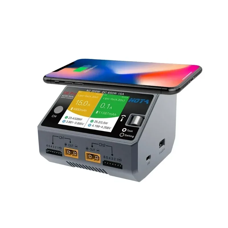 Interface utilisateur du chargeur RC HOTA D6 Pro 650W montrant les réglages de courant et de tension