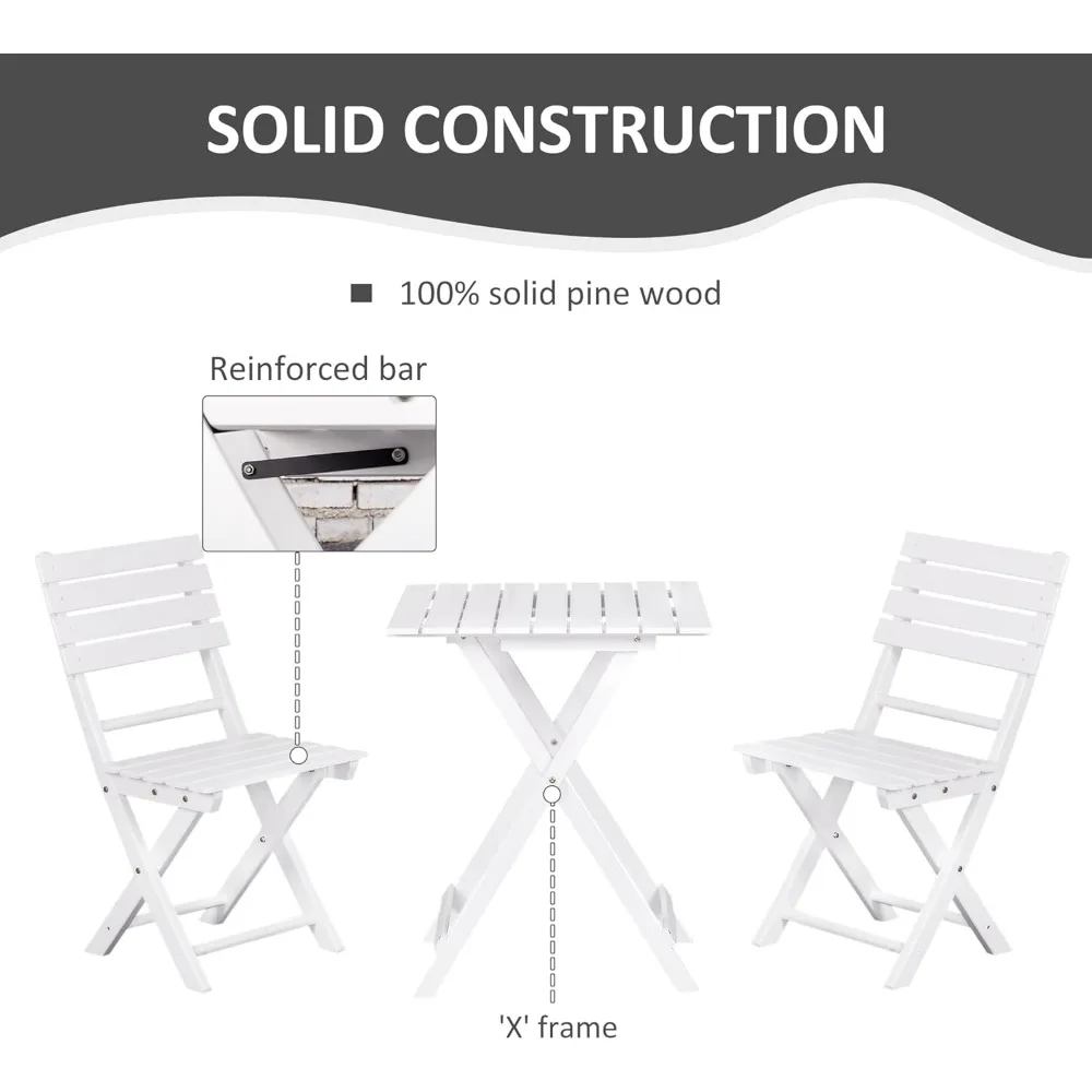 3 Piece Bistro Set, Wood Folding Outdoor Furniture with Table & Chairs for Backyard & Balcony, Square, White 5