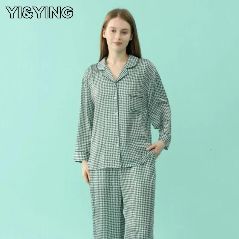 

[YI&YING] Women's Spring and Autumn Long Sleeve Thousand Bird Checker Home Suit Summer Thin Air Conditioning Suit Set YA2C058