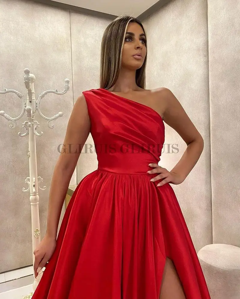 

Красное платье на одно плечо с разрезом для выпускного вечера Женские вечерние платья для торжества Вечерние платья а-силуэта атласные Элегантные Простые Длинные вечерние платья