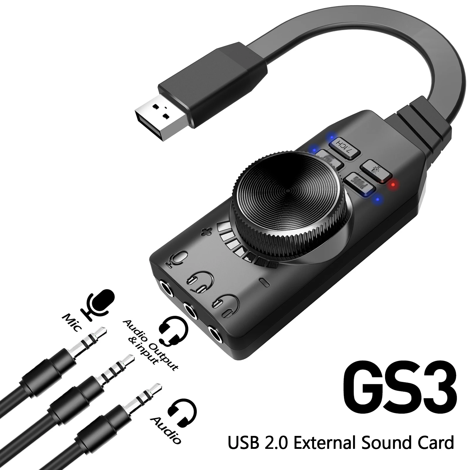 가상 7.1 채널 외부 사운드 카드 어댑터, 플러그 앤 플레이 헤드폰 마이크 잭, 볼륨 조절, GS3 USB2.0
