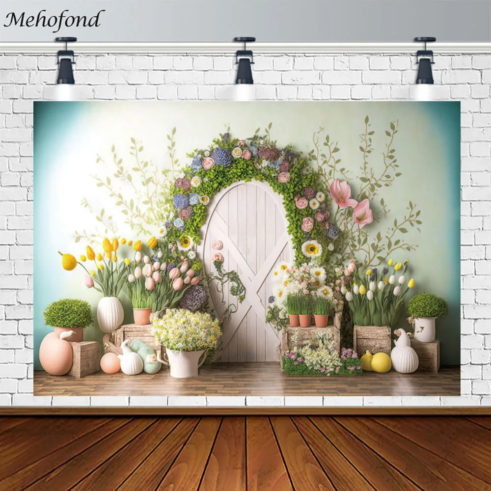 

Mehofond Spring Easter Backdrop Wooden Door Flower Plants Garden Child Birthday Party Portrait Decor Photography Background