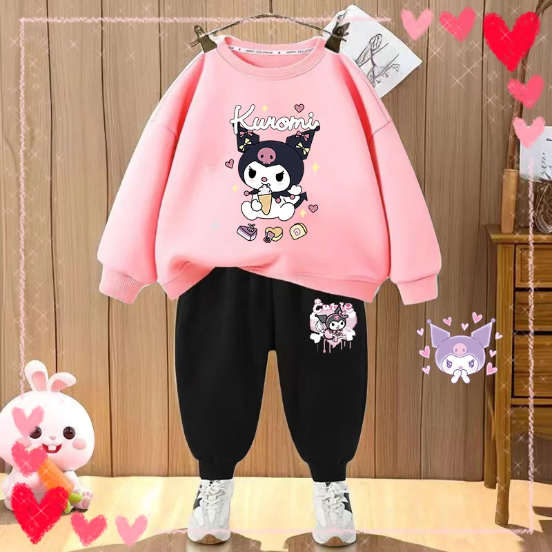 

Джемпер и брюки Sanrio, комплект, Kuromi Kawaii, детский мультяшный модный свитер с круглым вырезом, брюки, комплект для мальчиков и девочек, милая теплая одежда