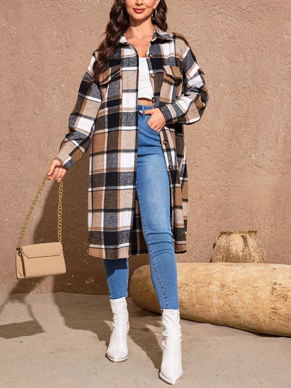 Plus Size Ladies Plaid Printing Women Autumn and Winter Fashion Temperament Coat Women Long Coat