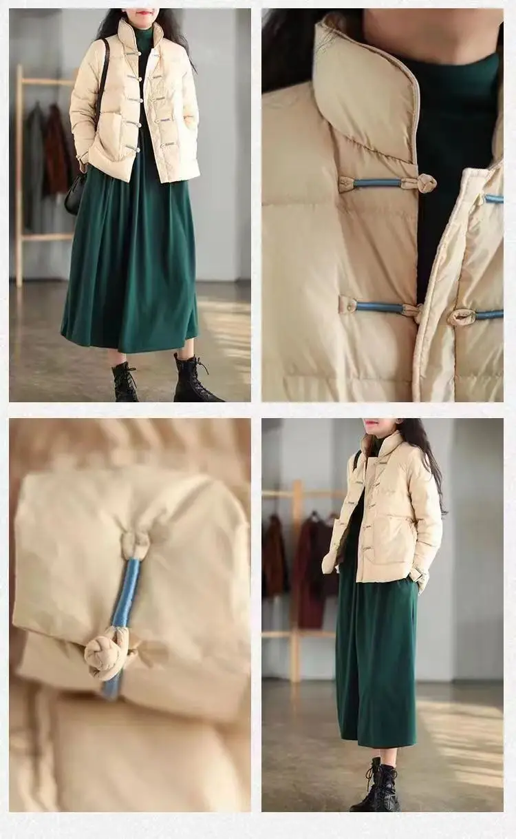 Chinese retro women down cotton jacket Vintage Single-breasted Quilted Coat stand collar Lightweight Parka Windproof outwear