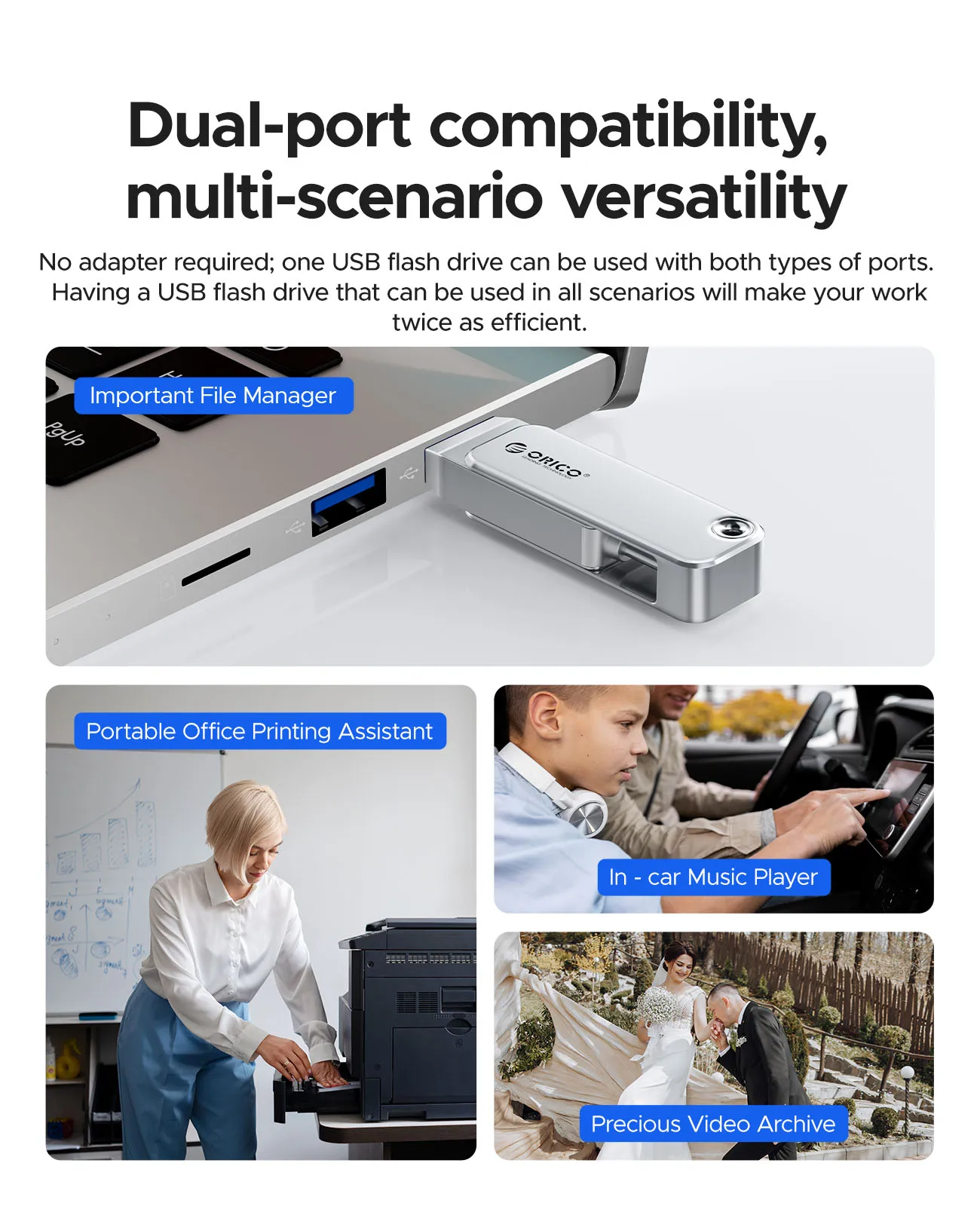 ORICO 2 in 1 플래시 드라이브 256GB 128GB 64GB 32GB 고속 펜 드라이브 OTG 타입 C USB A 듀얼 인터페이스 맥북 안드로이드용