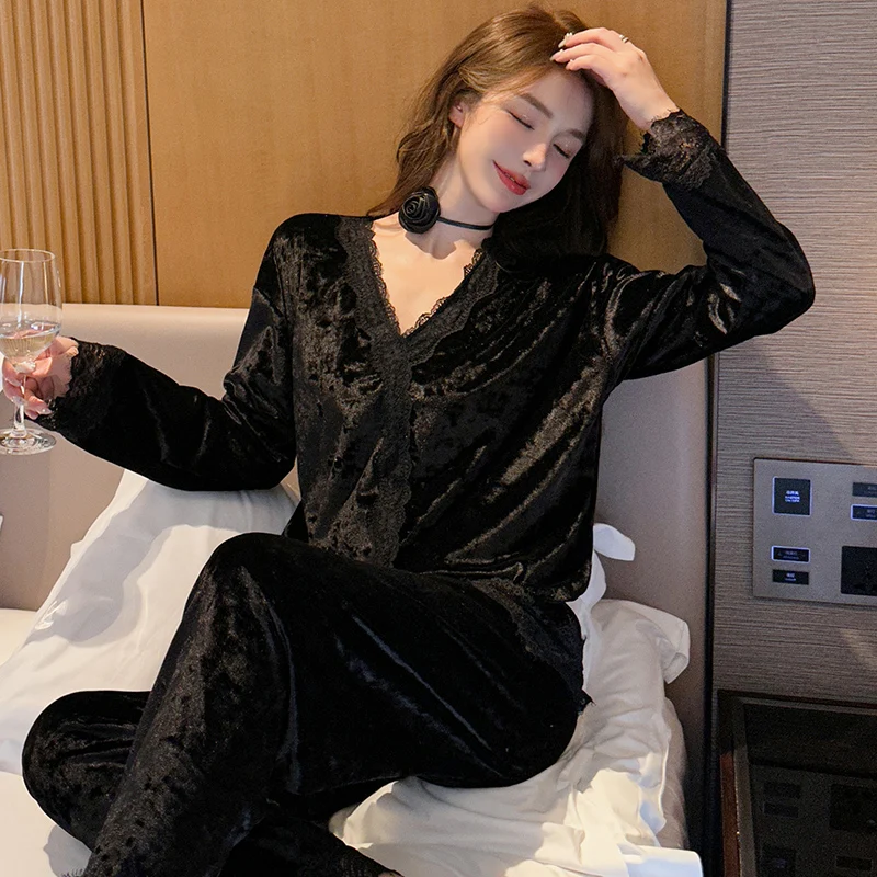 Autumn and Winter New Pajamas Women's Long Sleeve ins Japanese Gold Velvet Spring and Autumn Set Cardigan V-Neck Home Fur