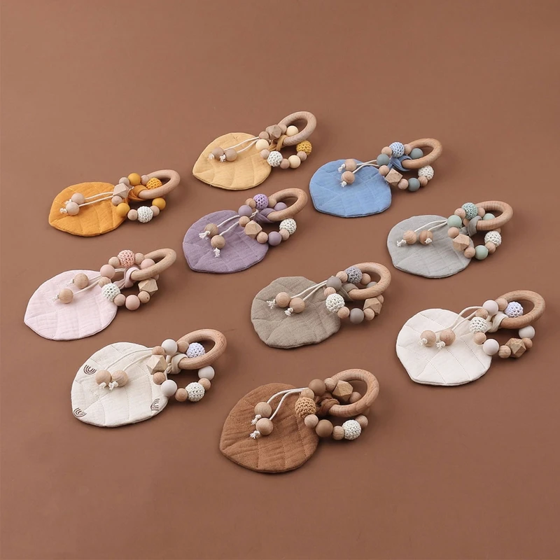 HUYU Baby Wooden Teether Ring with Leaves Shape Absorbent Cloth Towel Blanket Rattle Beads Molar Toy Newborn Soother Bracelet