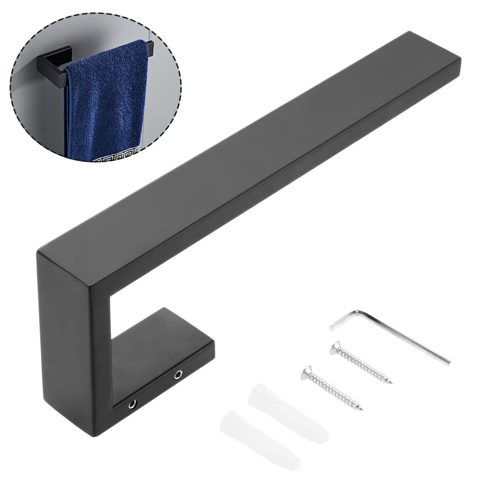 1pc Black Wall Mounted Towel Holder Rack Stainless Steel Towels Ring Matte Black with Bracket Modern Minimalism Strip Decor Home