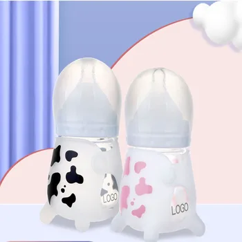 Silicone baby bottle 120ML cute cow drop resistant glass bottle water 1