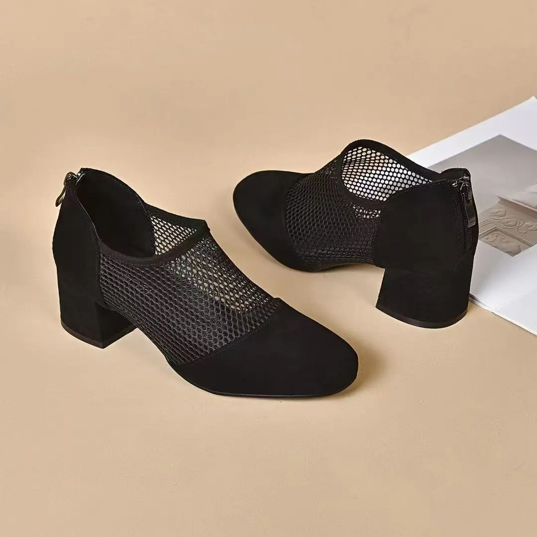 Damen Chunky Heels Stiefeletten für den Sommer 2026 – Mesh-Hohlmuster, Wildlederimitat, kurze Stiefeletten, Übergrößen, spitze Zehenpartie, Sandalen – Detail 6