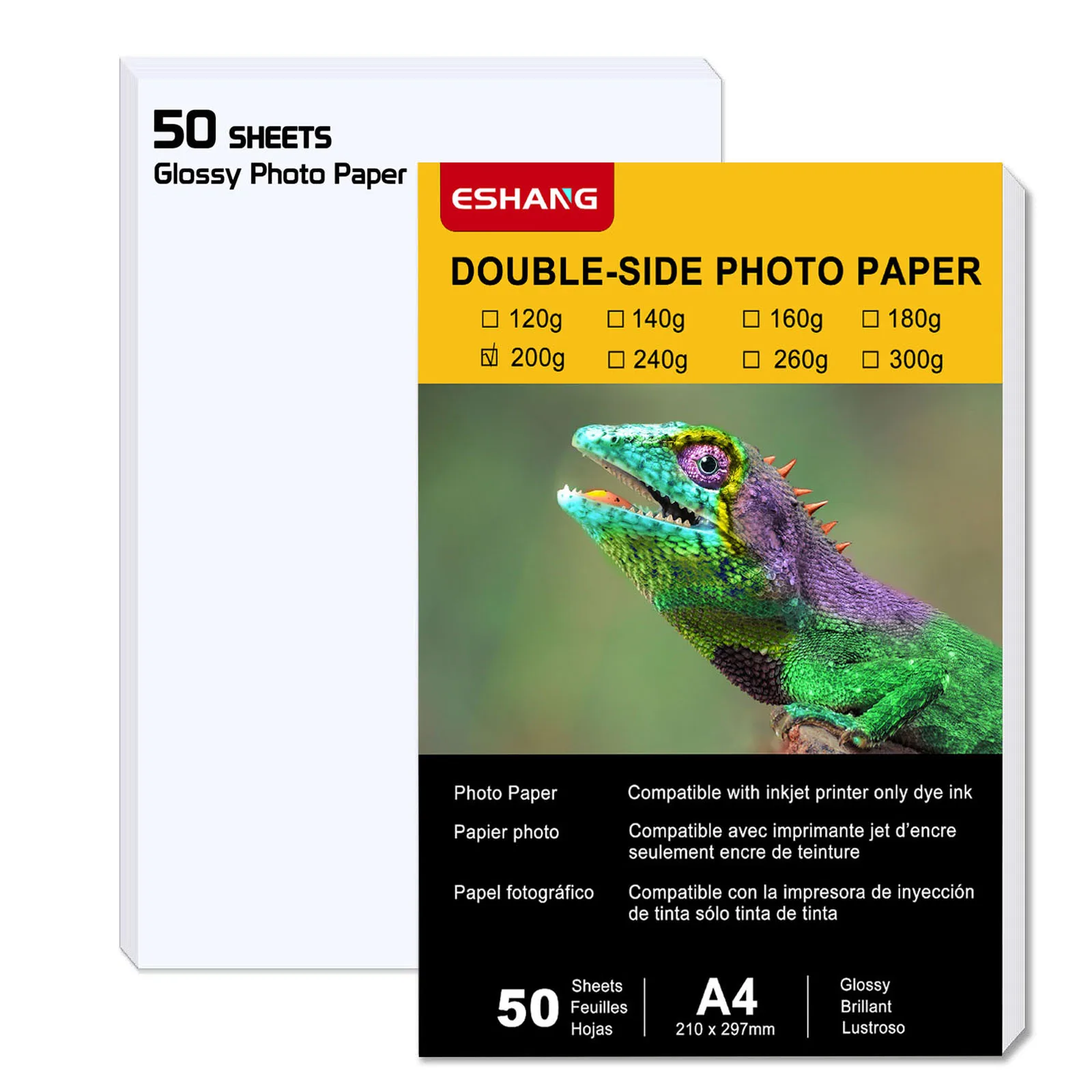 Photo Printing Paper 50 Sheets for Printer ESHANG A4 200G Double Side Glossy Instant Dry