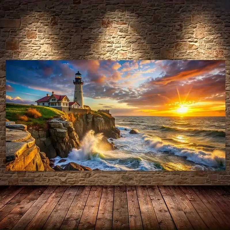 Sonnenuntergang Rock Coast Leuchtturm Landschaft Große Diy Diamant Malerei Voll Platz Runde Diamant Mosaik Stickerei Schmuck Kreuz Stich – Detail 2
