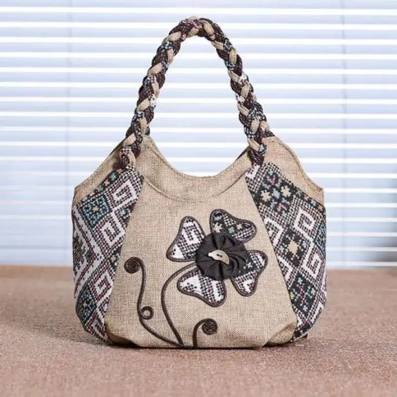 Women Linen Casual Handbag Travel Shoulder Bag Shopper Tote Purse Female Large Capacity National Design Bolso Mujer