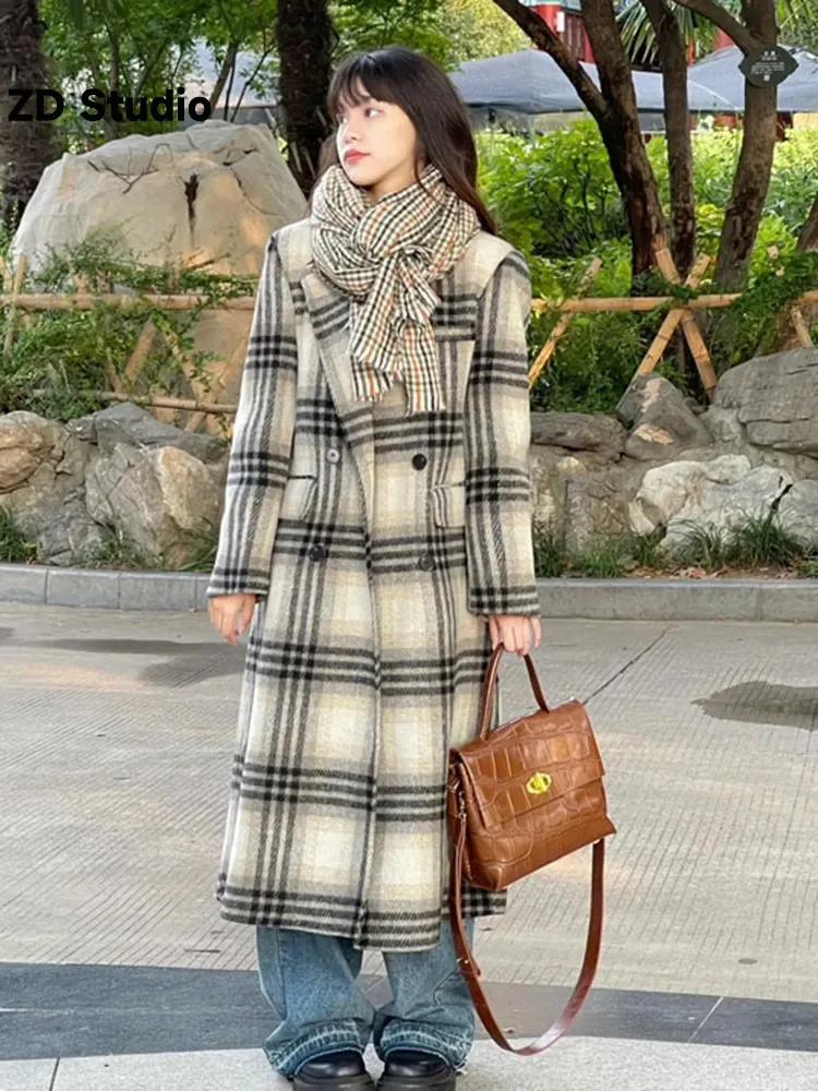 

[ZD Studio] 2023 New Plaid Woolen Coat Autumn Winter Korean Long Small Woolen Coat Woman