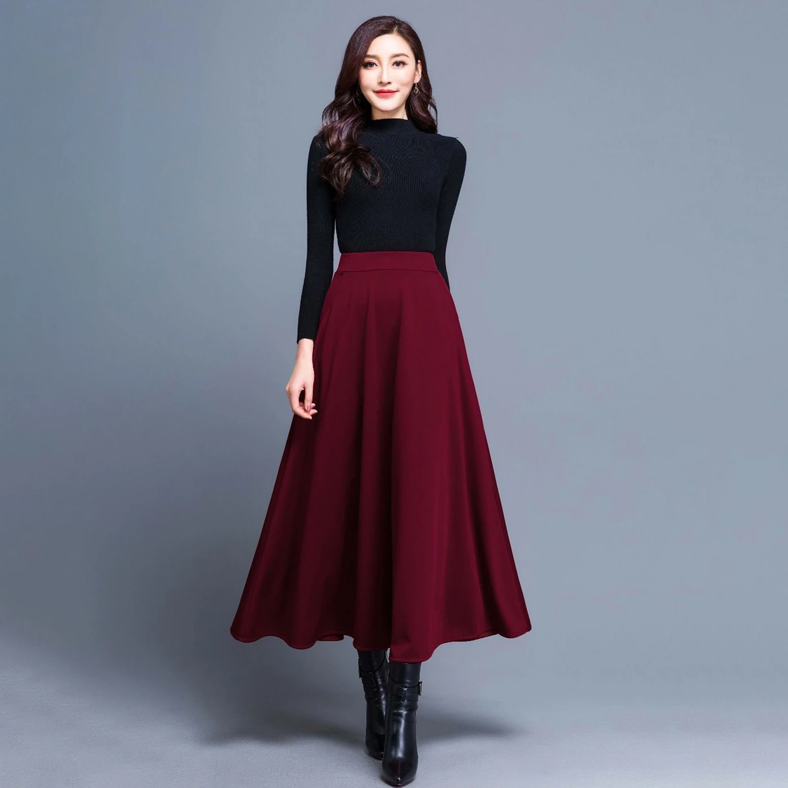 Elegant-Skirt-Side-Pockets-Large-Hem-A-Line-Midi-Skirt-Autumn-High ...