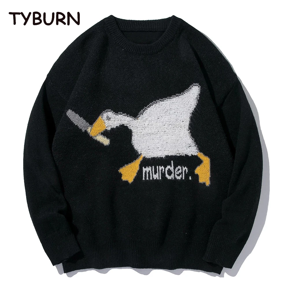 

TYBURN Casual Couple Sweater Men Women Jacquard O-Neck Autumn Winter Cartoon White Swan Knit Youth Loose Comfortable Top