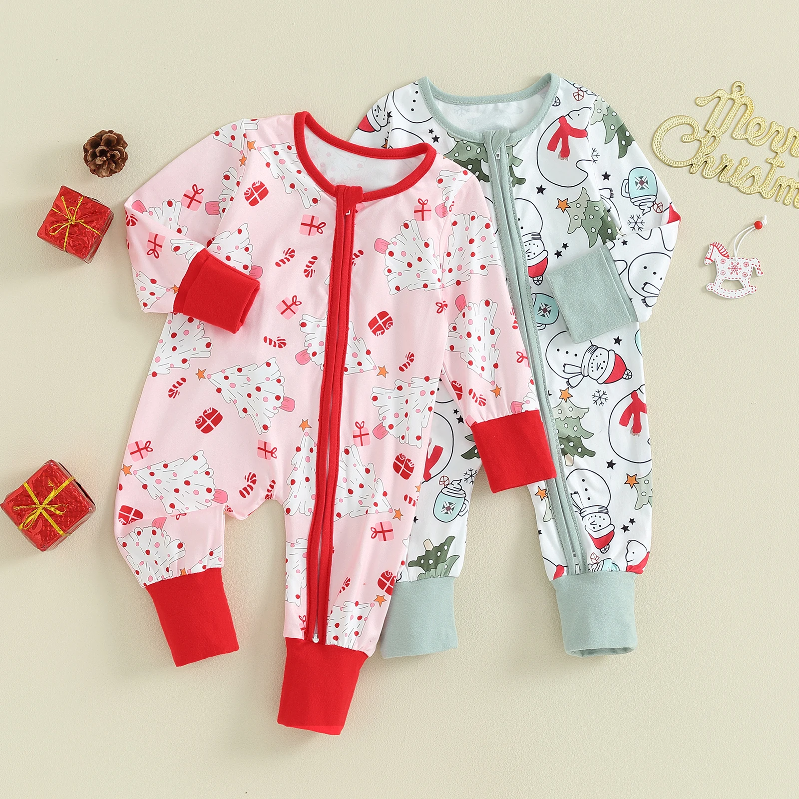 

Baby Girls Boys Rompers Xmas Clothes Christmas Tree Print Zipper Long Sleeve Jumpsuits Toddler Baby Witer Bodysuits Playsuits