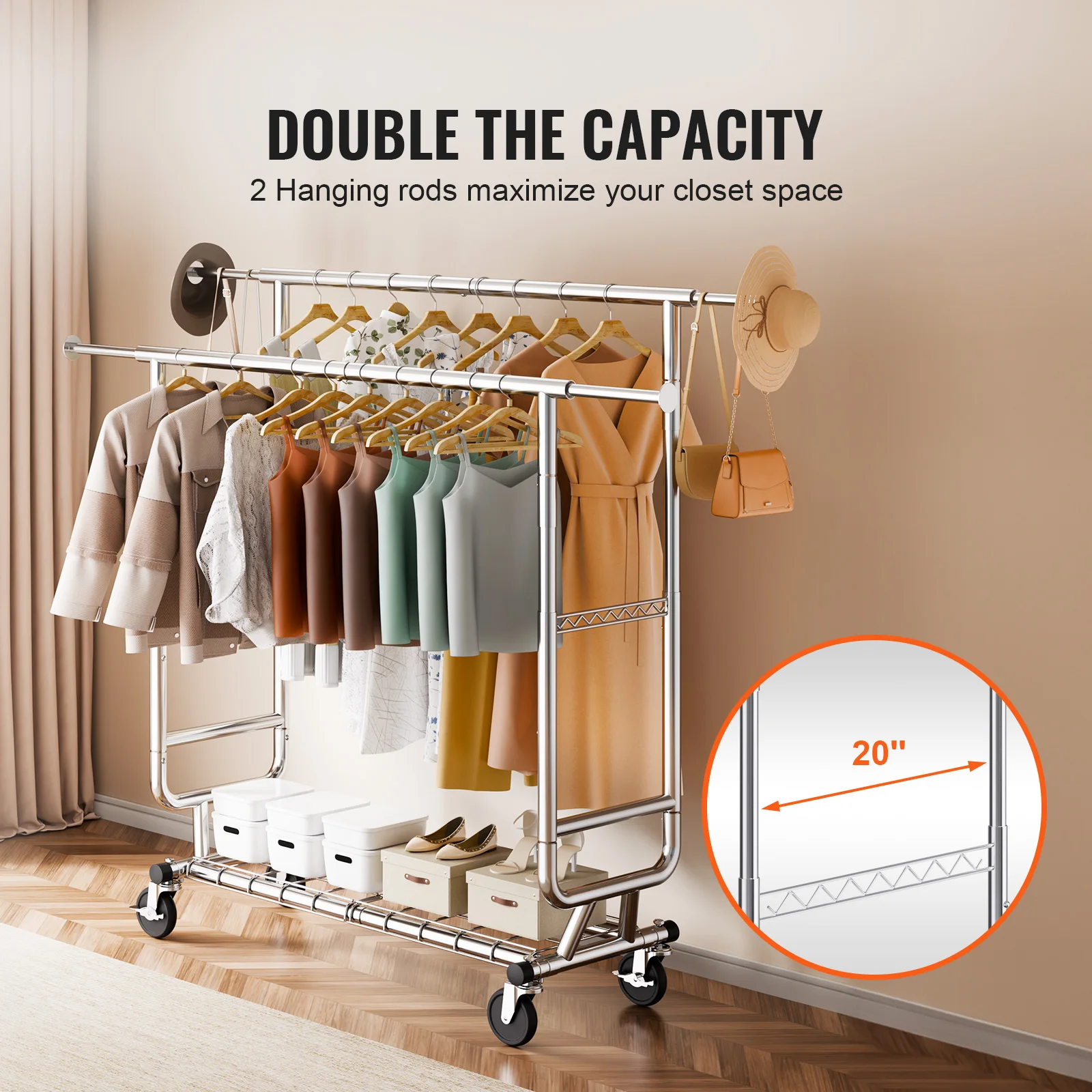 Heavy Duty Adjustable Garment Rack with Bottom Shelf and Wheels