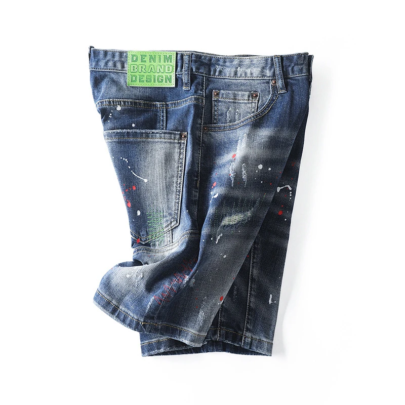 EH·MD® Men's Embroidered Rose Micro Chapter Jeans Shorts Cropped Pants Cotton Red Ears Breathable Soft Elastic Summer Ink Splash