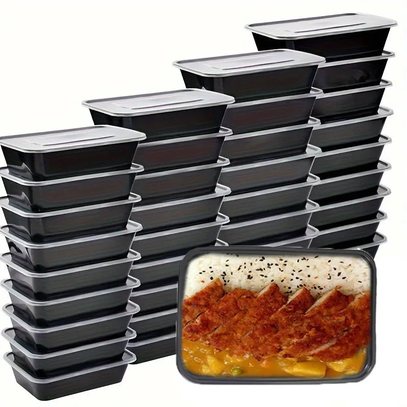 10PCS Disposable Food Box with Lid Fruit Salad Food Packaging Box Black Stackable Kitchen Refrigerator Storage Container