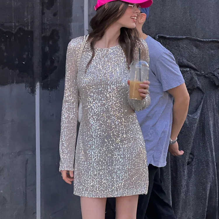 

2024 Women's New Fashion Sequin Wrap Hip Night Club Party Long Sleeve Mini Dress Women