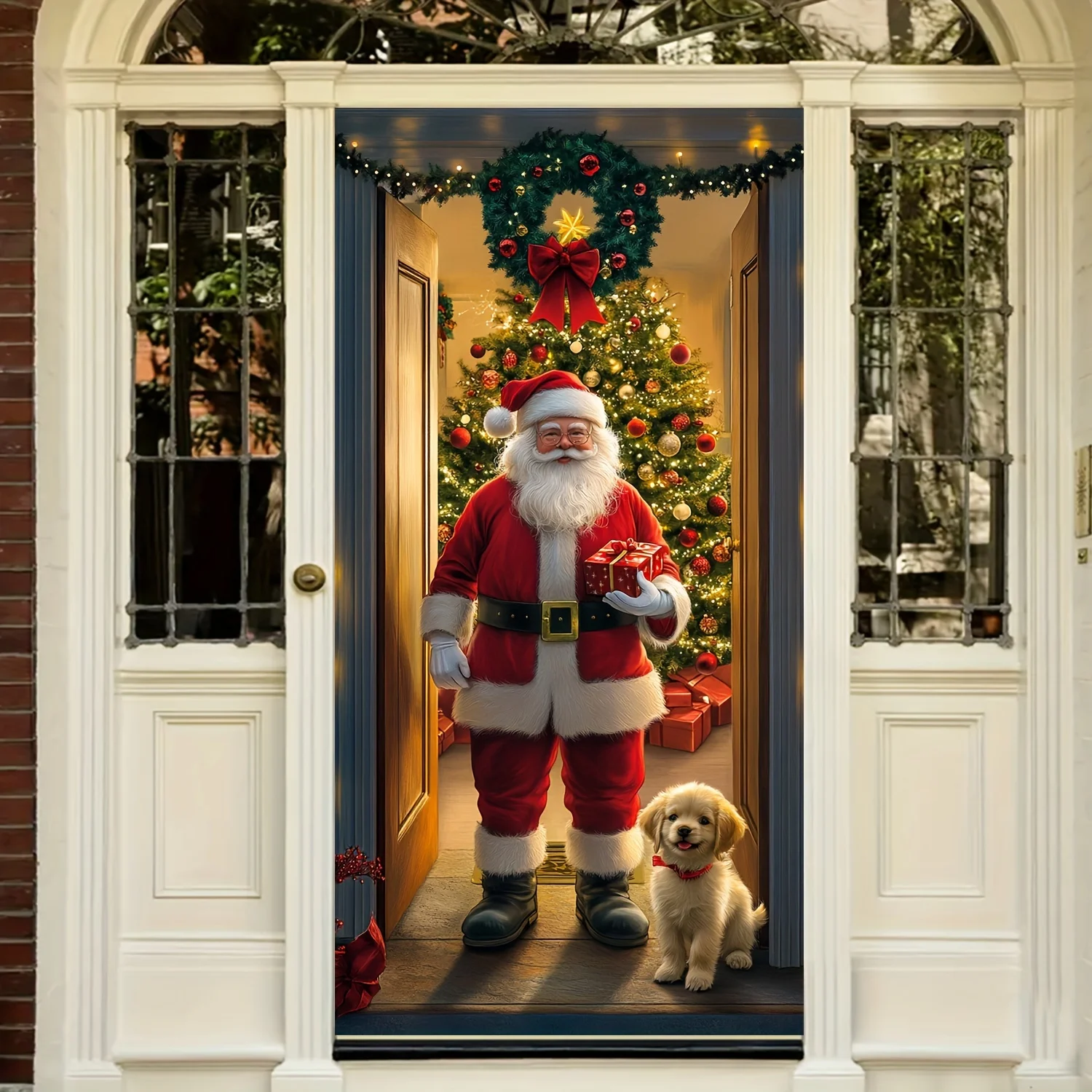 Santa Claus & Christmas Tree Door Cover 35.4x70.8" Festive Holiday Decoration Hanging Entrance and Room