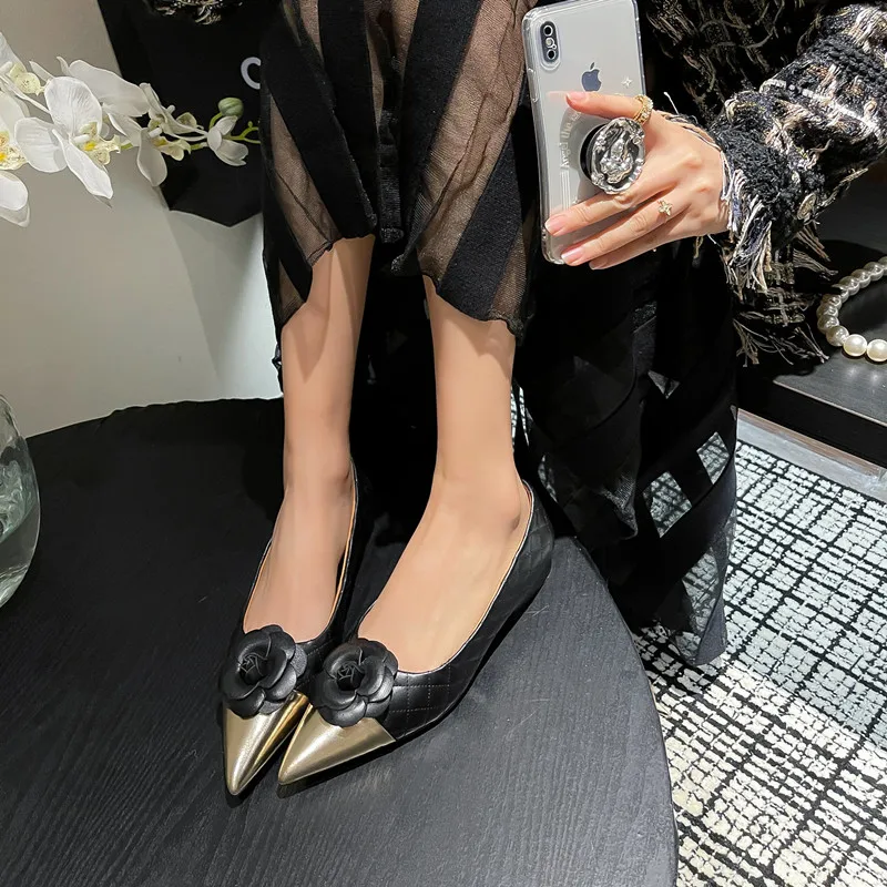 MKKHOU Fashion Women Shoes New High Quality Genuine Leather Pointed Camellia Mosaic Comfortable Flat Shoes Daily Light