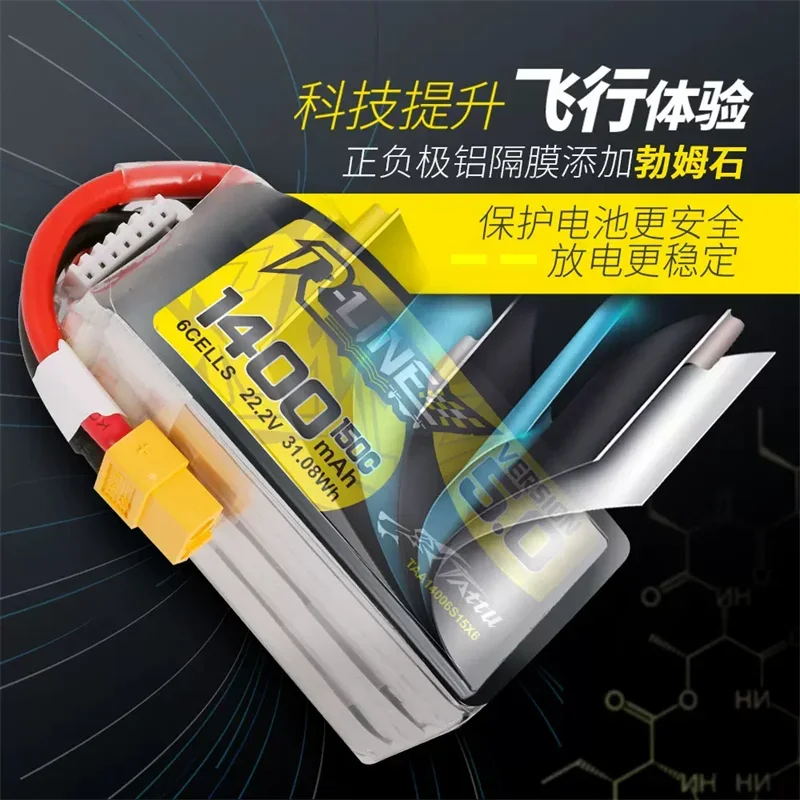 Vue latérale de la batterie LiPo 22.2V haute capacité 1400mAh, étiquette détaillant les spécifications