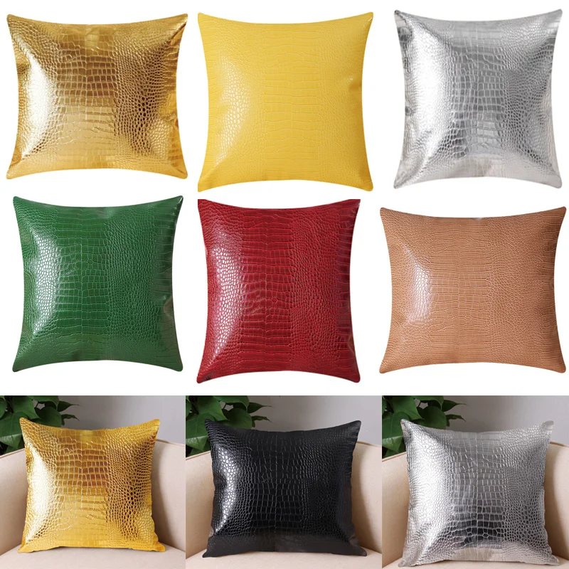 

Modern Style PU Leather Color Crocodile Texture Pillow Sofa Square Pillow 45x45cm Gold Sliver Cushion Pillowcase Decoration