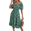 Summer Women's Beach Dress Floral 3D Print Square Neck Short-Sleeved Ladies Waist Ruffled A-Line Dress For Women Holiday Dresses 6