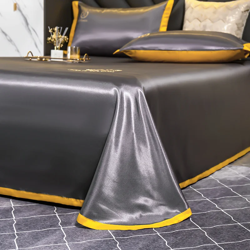 3pc Set New Embroidered Bed Sheet Ice Silk Mattress Cover Fitted Sheet Queen King Size Fabric Single Double Sheet Home Sheets 3