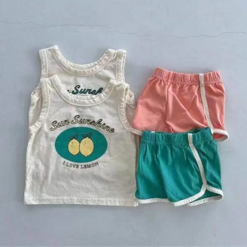 2022 Summer Baby Sleeveless Clothes Set Banana Lemon Print Tops Boys Vest + Shorts 2pcs Suit Cotton Infant Girl Outfits baby clothing set line