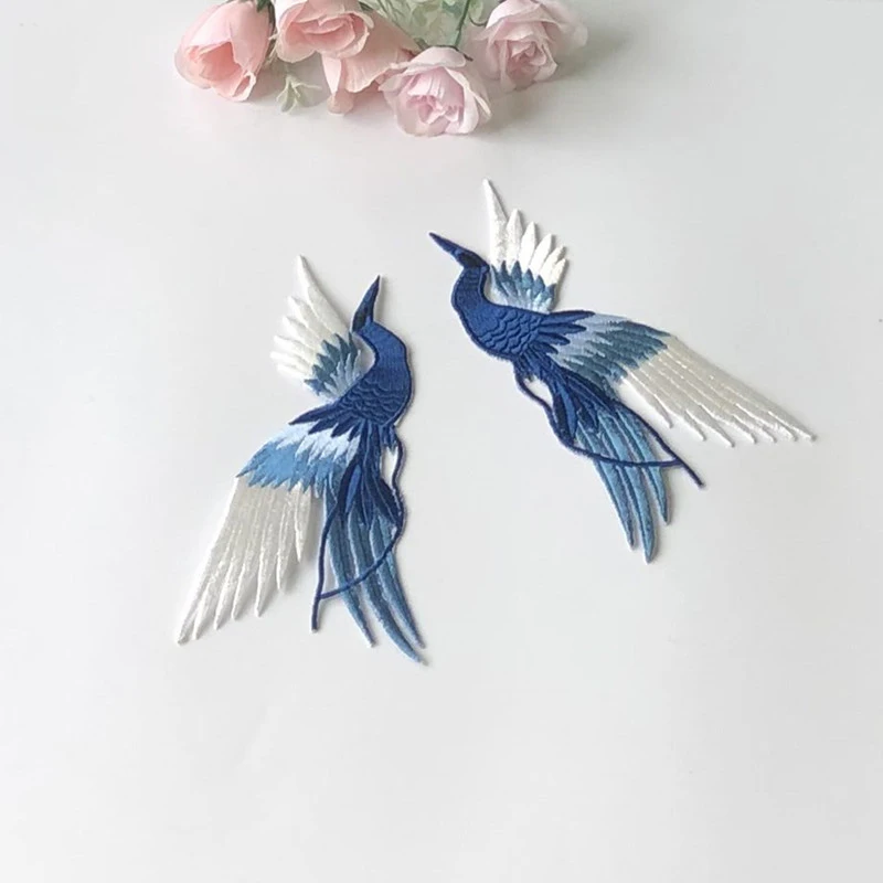 1pc Blue Phoenix Embroidery Patch Chinese Style Animal Embroidered Cloth Applique DIY Cheongsam Clothes Adhesive Decor Accessory