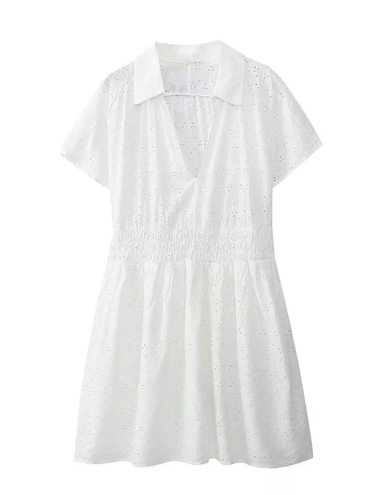 

HH TRAF Women Fashion V-neck Mini Dress Embroidered Hollow Elastic Waist Shirt Dress Woman Casual Short Sleeve Pleated Dresses