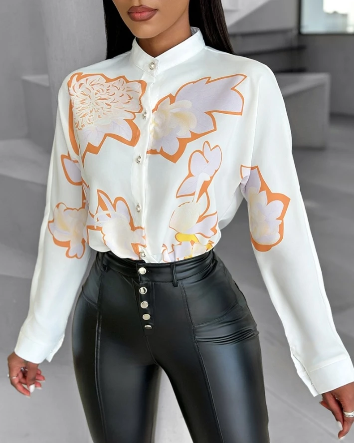 Women's Shirts 2024 Spring Women's Clothing Floral Print Stand Collar Buttoned Top Daily Casual Long Sleeved Slim Fit Shirt