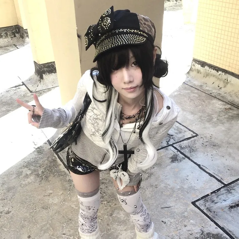 Karrram Japanese Y2k Fake Two-piece Knitted Tops Trashy 2000s Hooded Jacket Vintage Harajuku Knitwear Grunge Aesthetics American 6