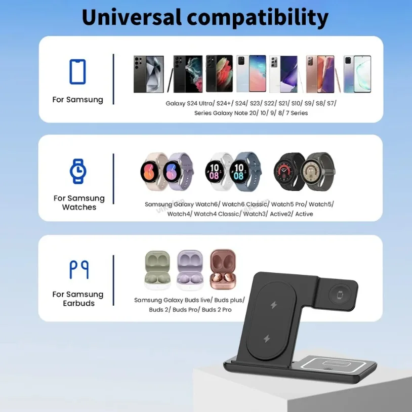 Foldable 3 in 1 LED Light Wireless Charger Stand For Samsung S24 S23 Galaxy Watch 2-8 Active 1 2 Buds Pro Fast Charging Station