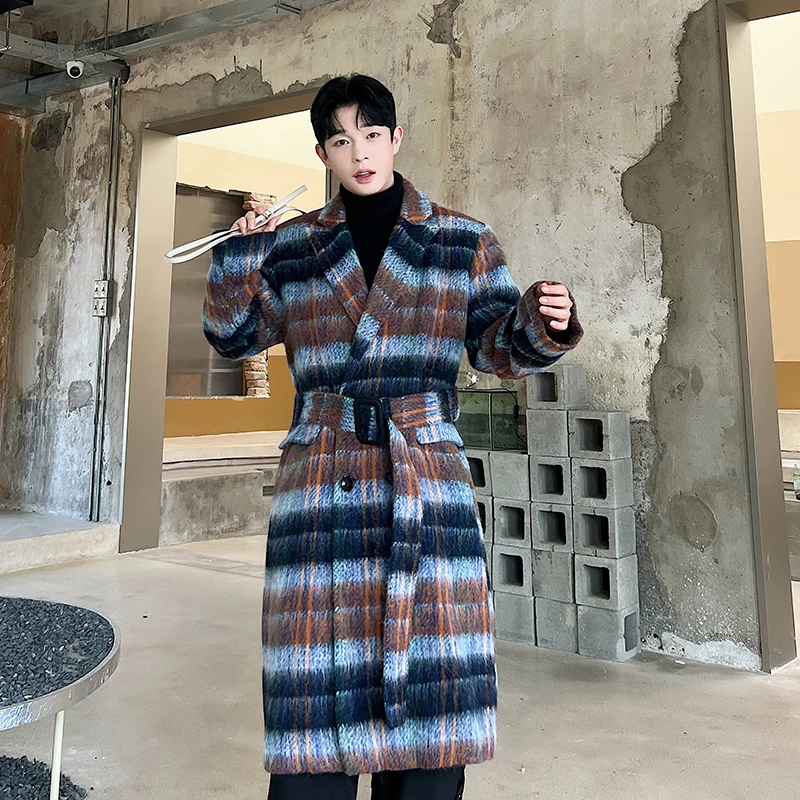 High Grade Men's Plaid Medium Length Woolen Coat Lapel Long Sleeve Belt Men Streetwear Fashion Vintage Casual Thick Trench Coats