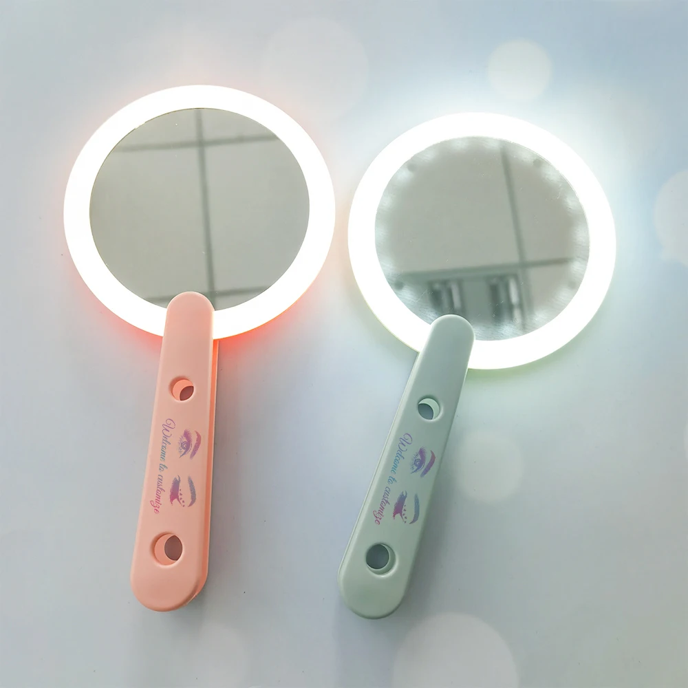 LED 로터리 스위치 메이크업 거울, 여성 핑크 화이트 USB 충전 귀여운 편리한 휴대용 럭셔리 라운드 개인 상표