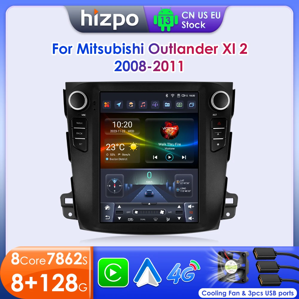 Hizpo For Tesla Style 8 Core Car Radio for Mitsubishi Outlander 2008-2011 Multimedia 2Din Android 4G Carplay GPS 9.7