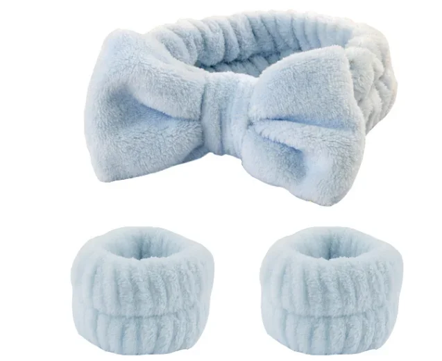 Bow Headband & Wristband Set - Soft Elastic Towel for Face Washing, Makeup, Yoga, and Skincare
