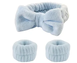 Bow Headband & Wristband Set - Soft Elastic Towel for Face Washing, Makeup, Yoga, and Skincare (Blue)