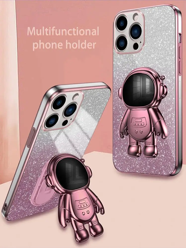 Support d'astronaute plaqué paillettes, Cae pour Iphone 15 14 13 12 11 Pro Max, Mini support, housse en Silicone sur Apple X Xr 6 7 8_voghion.com