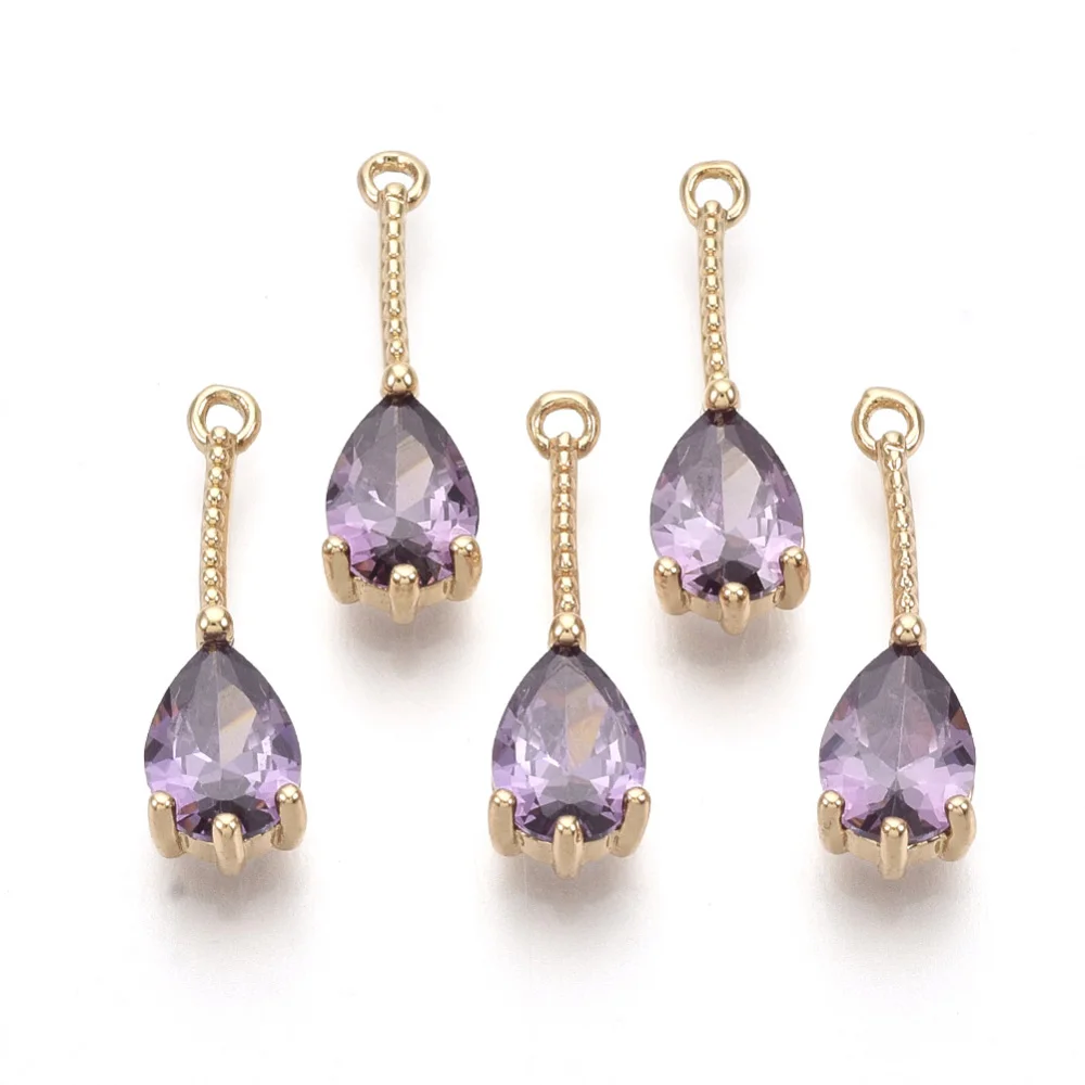 

2pcs Transparent Glass Pendants with Golden Tone Brass Findings Faceted Teardrop Violet 18x5x4mm Hole: 1mm