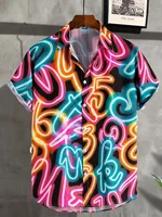Men's Neon Style Print Lapels Button Up Casual Short Sleeve Shirts Men's Clothing for Summer Hawaii Shirt Men's  Streetwear 1