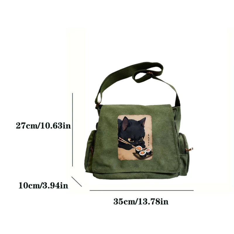 Japanese Style Vintage Shoulder Bag Sushi Cat Print Canvas Men's Tote Crossbody Bag Large Capacity Flap Bag Unisex Commuting
